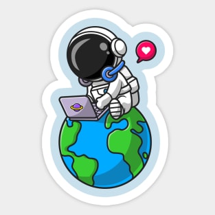 Cute Astronaut Working With Laptop On Earth Cartoon Sticker